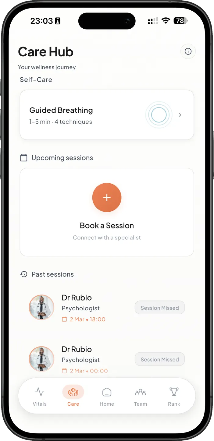 App screen: Care Hub, booking a session with a psychologist