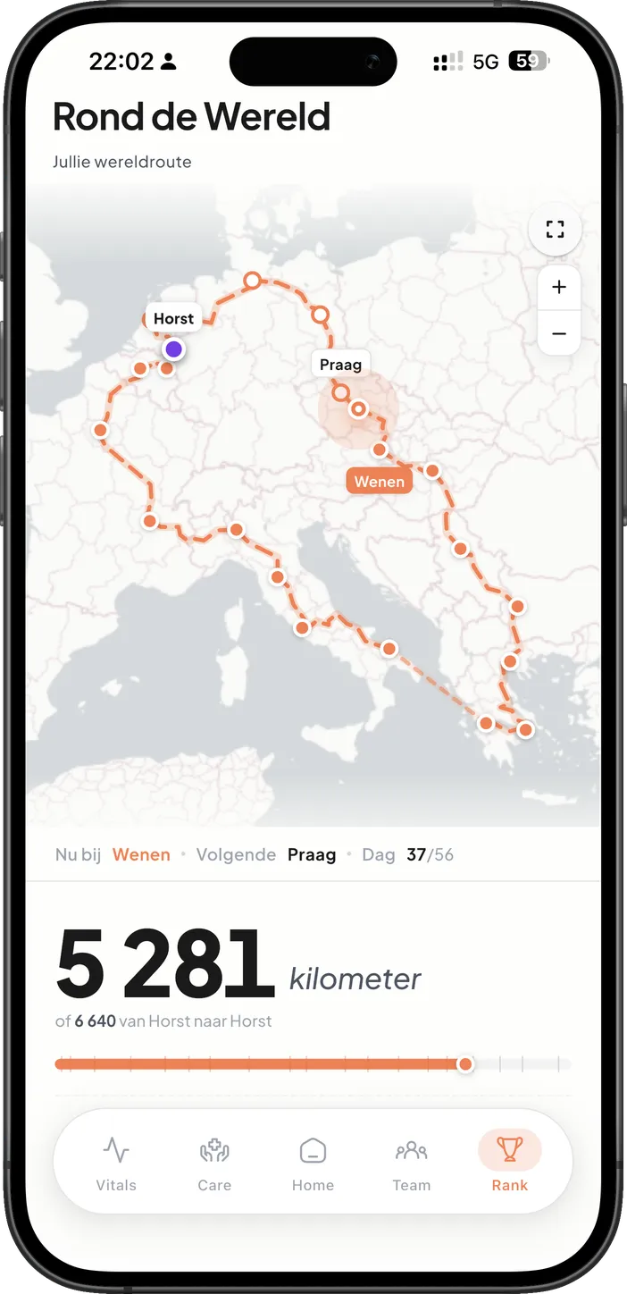 App-scherm: de route die je met je team aflegt